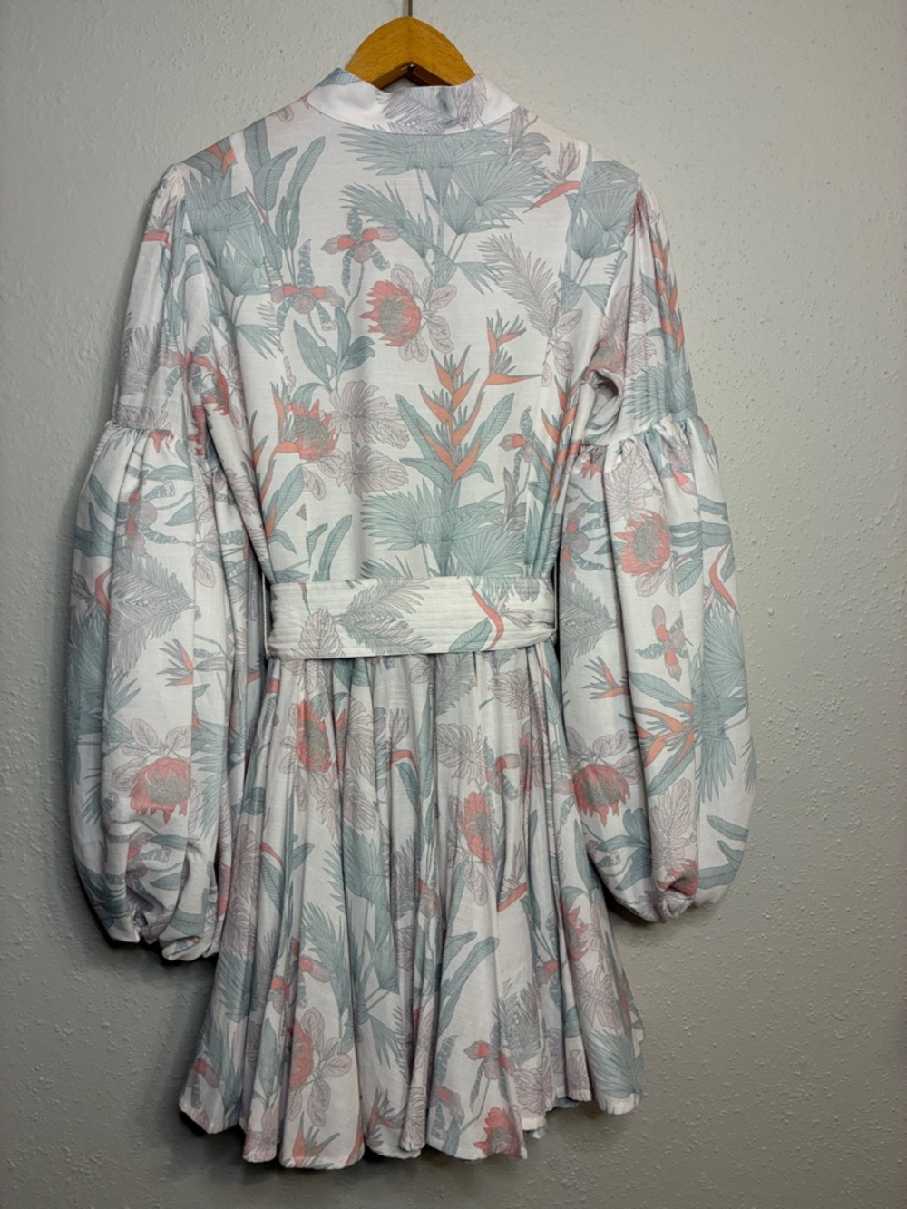 Button-Front Floral Mini Dress in White with Coral & Sage - Picture 4 of 9